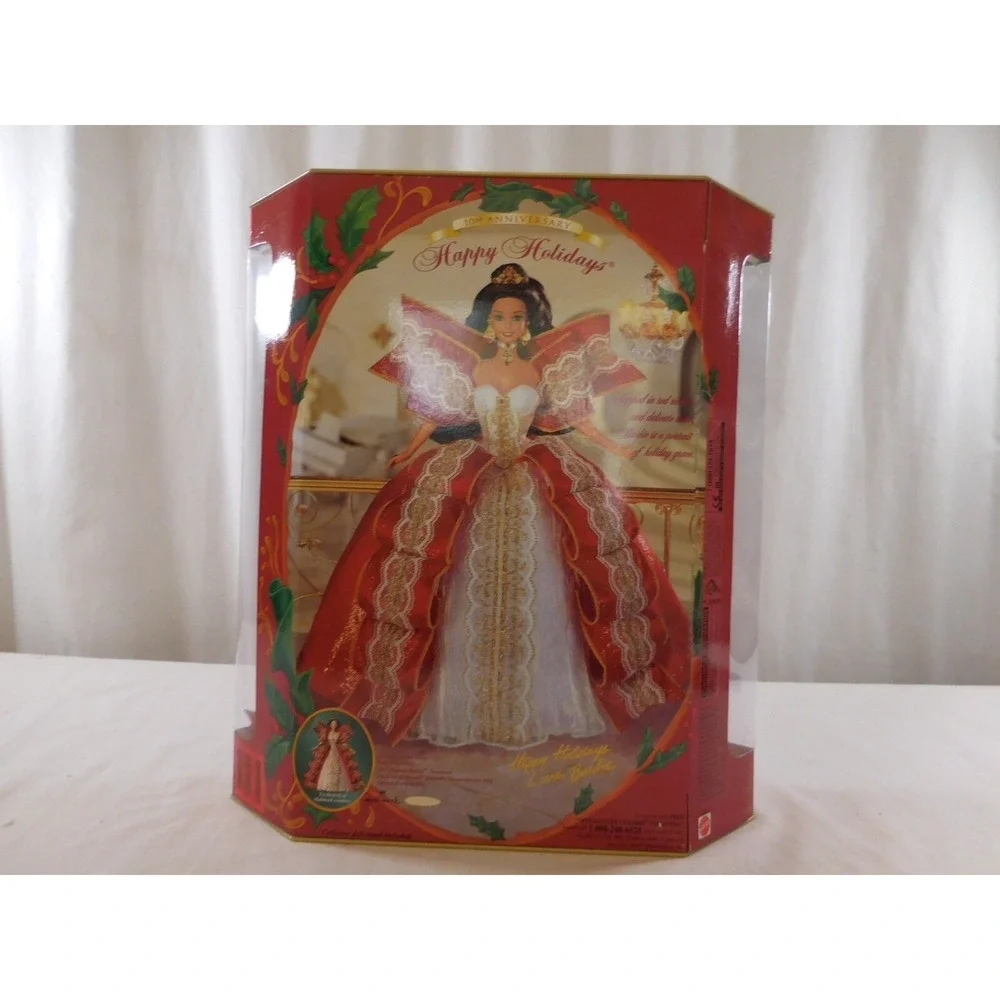 Brunette Barbie Happy Holidays #17832, Special Edition 10th Anniv. 1997 Gold